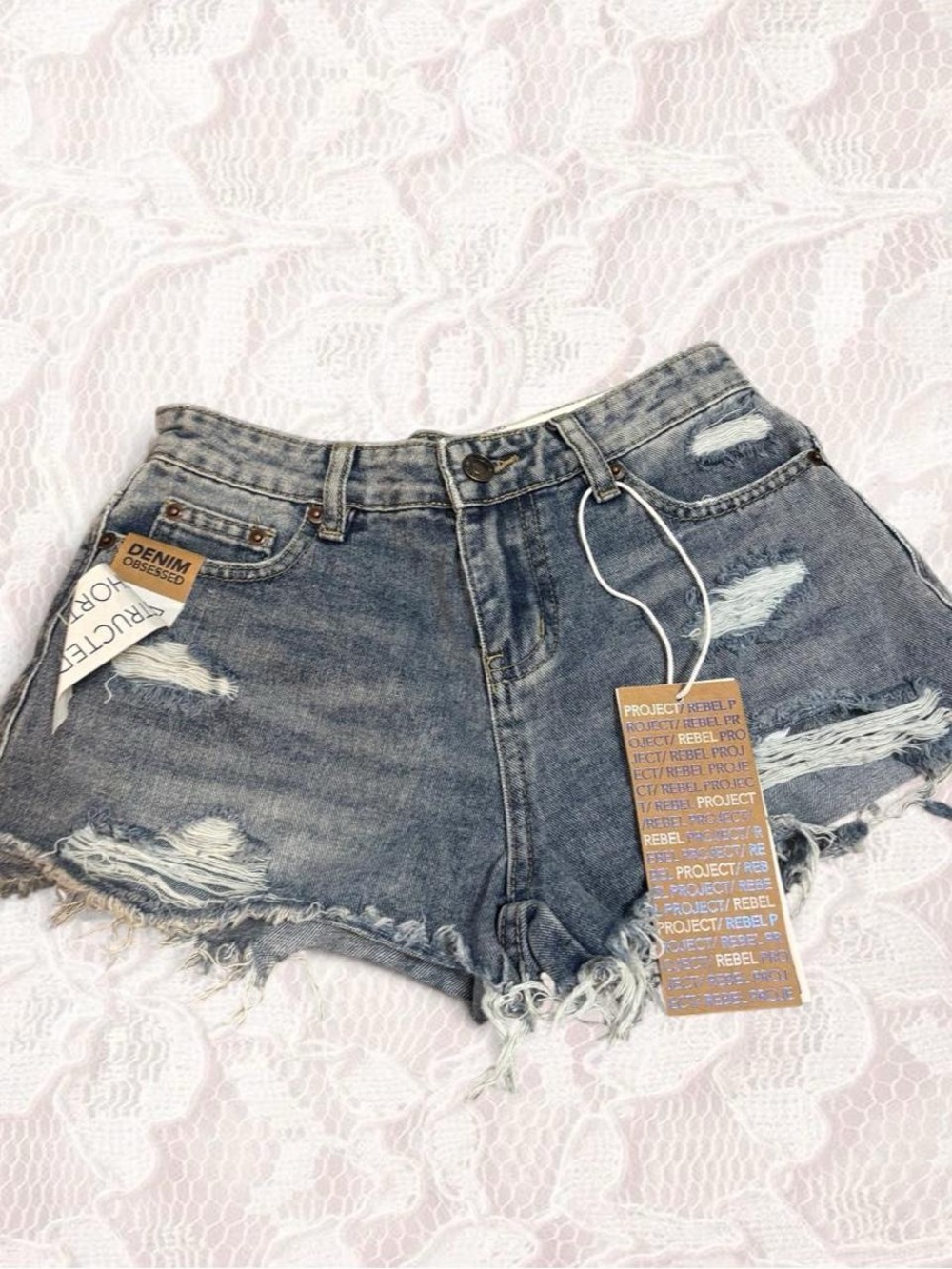 rebels Faded Blue Distressed Denim Jean Shorts